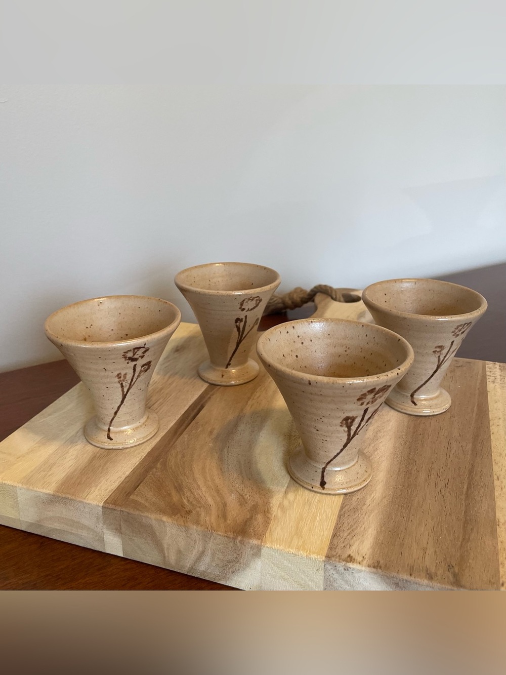 Studio Pottery Sake Cups with Floral Motif - Set of 4 - Picture 6 of 12